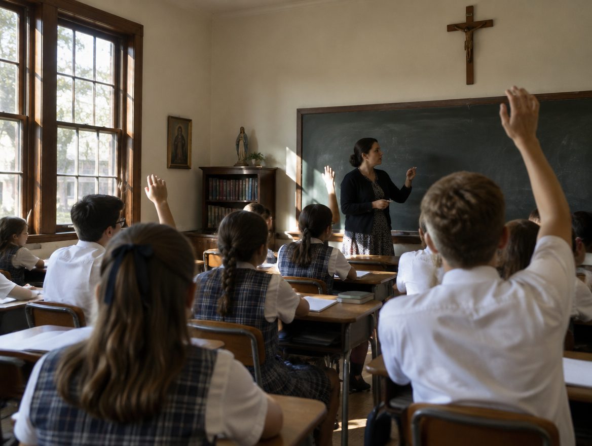 Students in a Catholic parish school classroom in western Arkansas