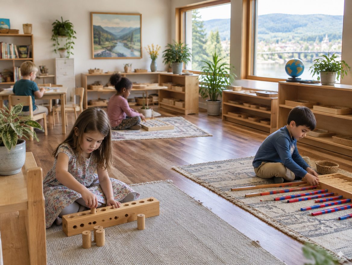 Children working with Montessori materials in a River Valley classroom