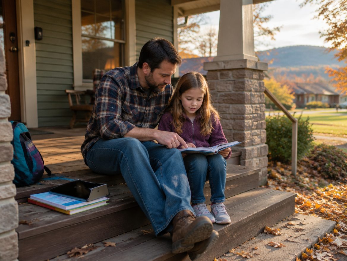 Father helping his daughter read on a Van Buren front porch